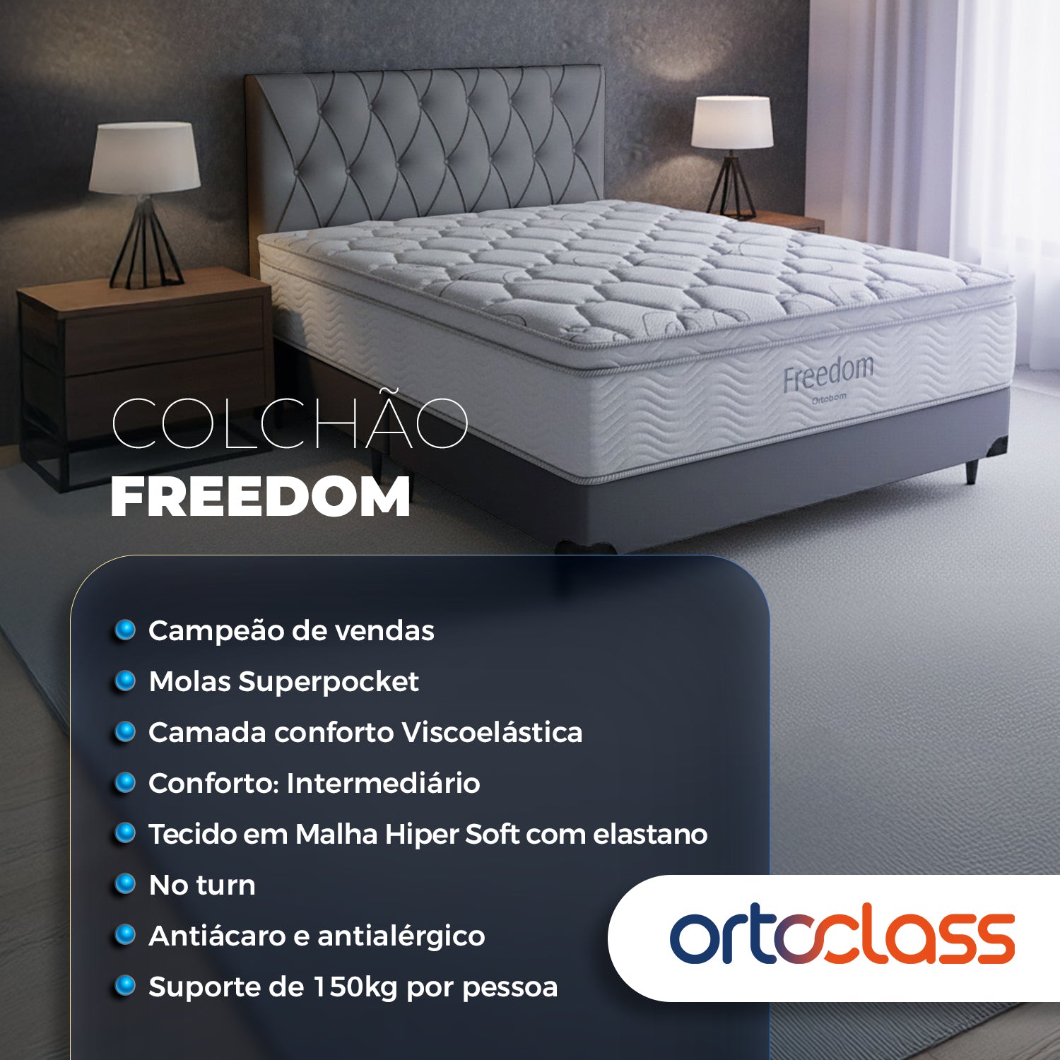 Cama Box e Colchão Freedom - Casal (138x188) - Ortobom