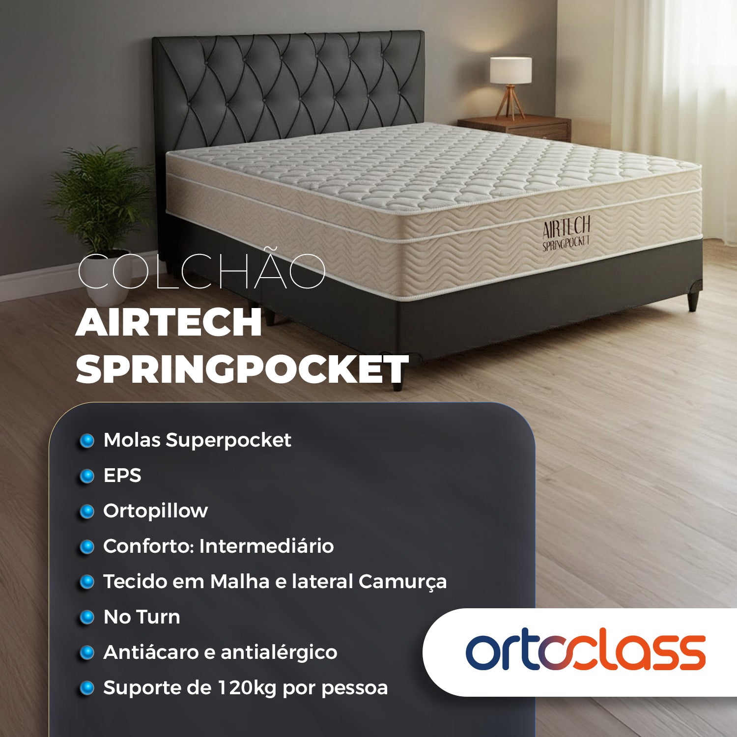 Cama box e Colchão Airtech Springpocket – Queen Size(158x198) - Ortobom