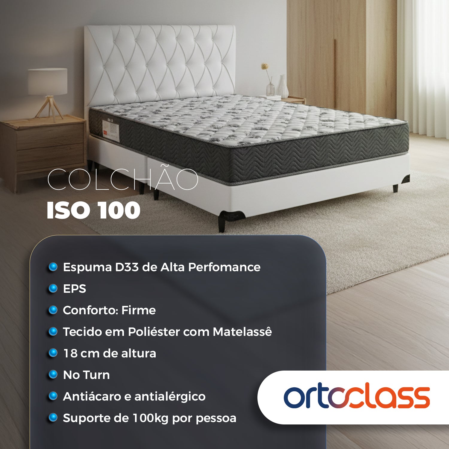 Cama Box e Colchão  Iso 100 D33 - Casal  (138x188)- Ortobom